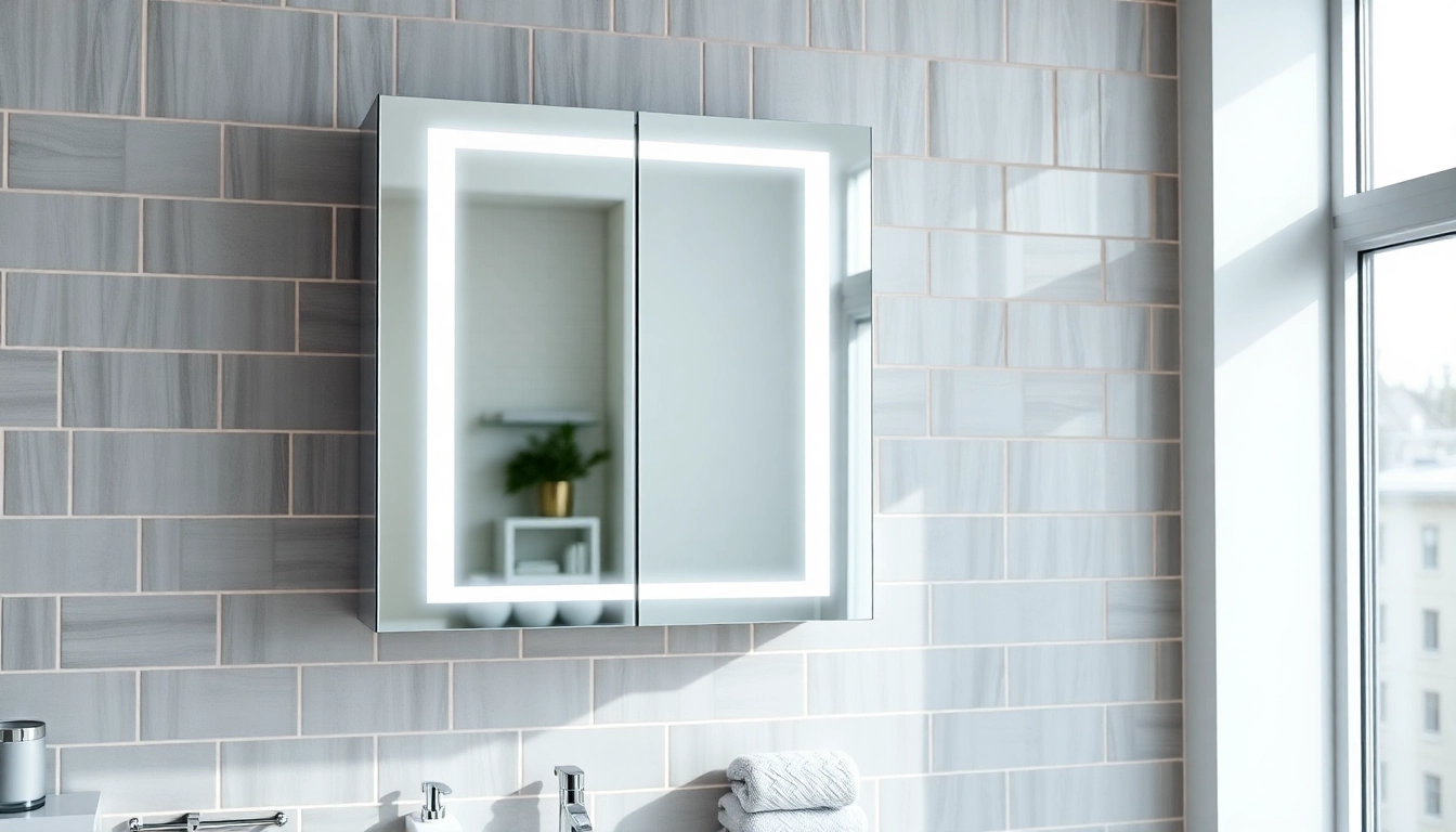 Stylish mirrored bathroom cabinet with light enhancing a modern bathroom's elegance.