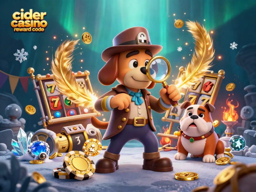 Discover the lively scene featuring a detective investigating a golden poker chip while embodying the cider casino reward code.