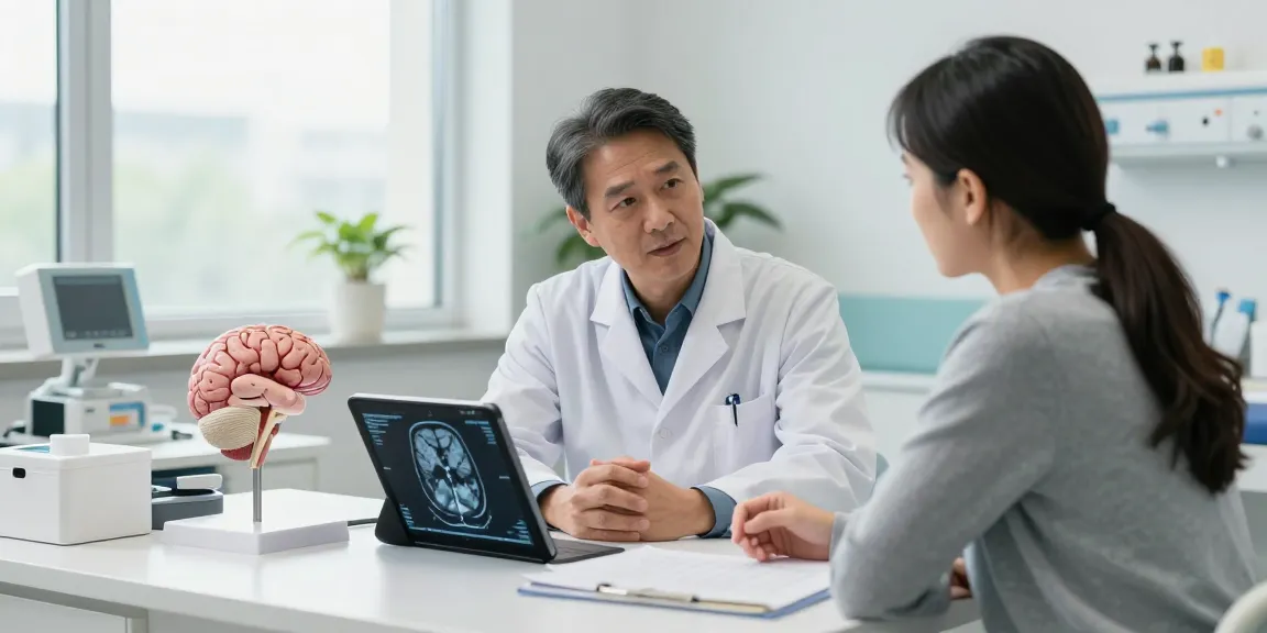 Beyin tümörü ameliyatı consultation, neurosurgeon advising patient with MRI scans in modern hospital setting.