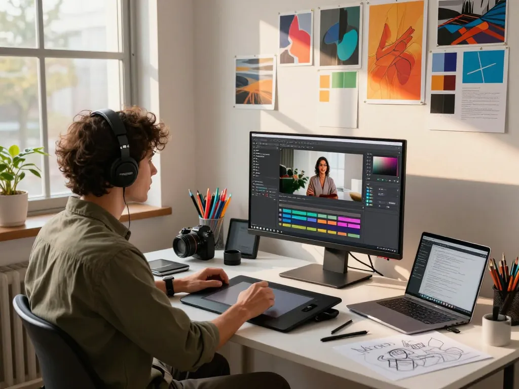 Creative professional using image to prompt software in a vibrant art studio.