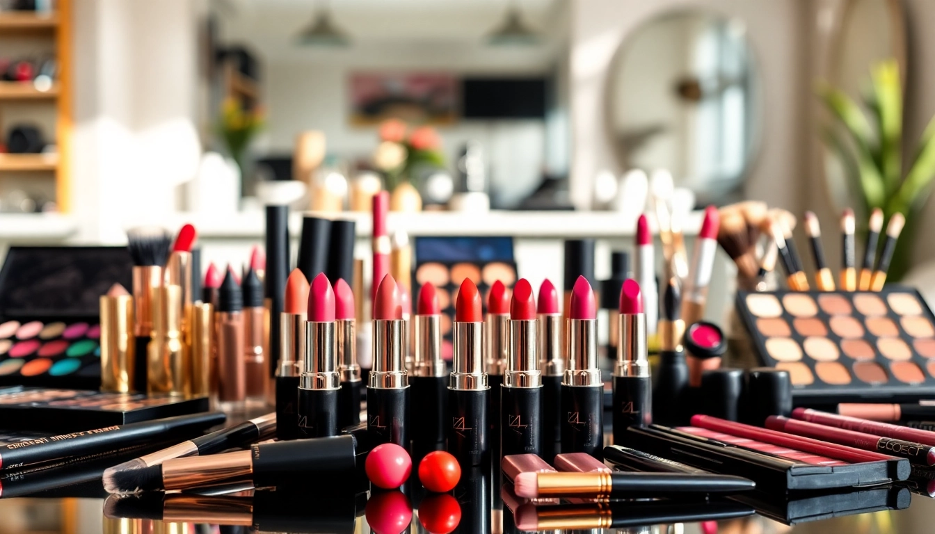 Shop wholesale makeup products with a stunning array of cosmetics displayed elegantly.