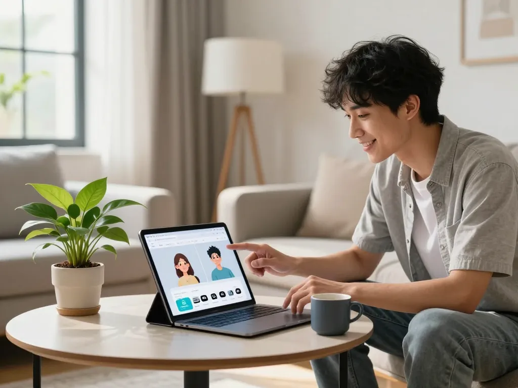 Engaging with an AI chatbot in a cozy living room setting, showcasing interaction with digital avatars and smart technology, targeting the ia +18 audience.