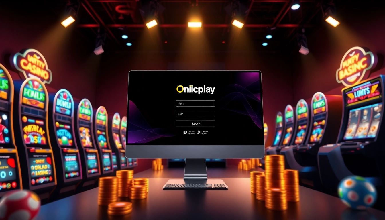 Login to Onicplay with an engaging online casino interface showcasing vibrant slot games and betting excitement.