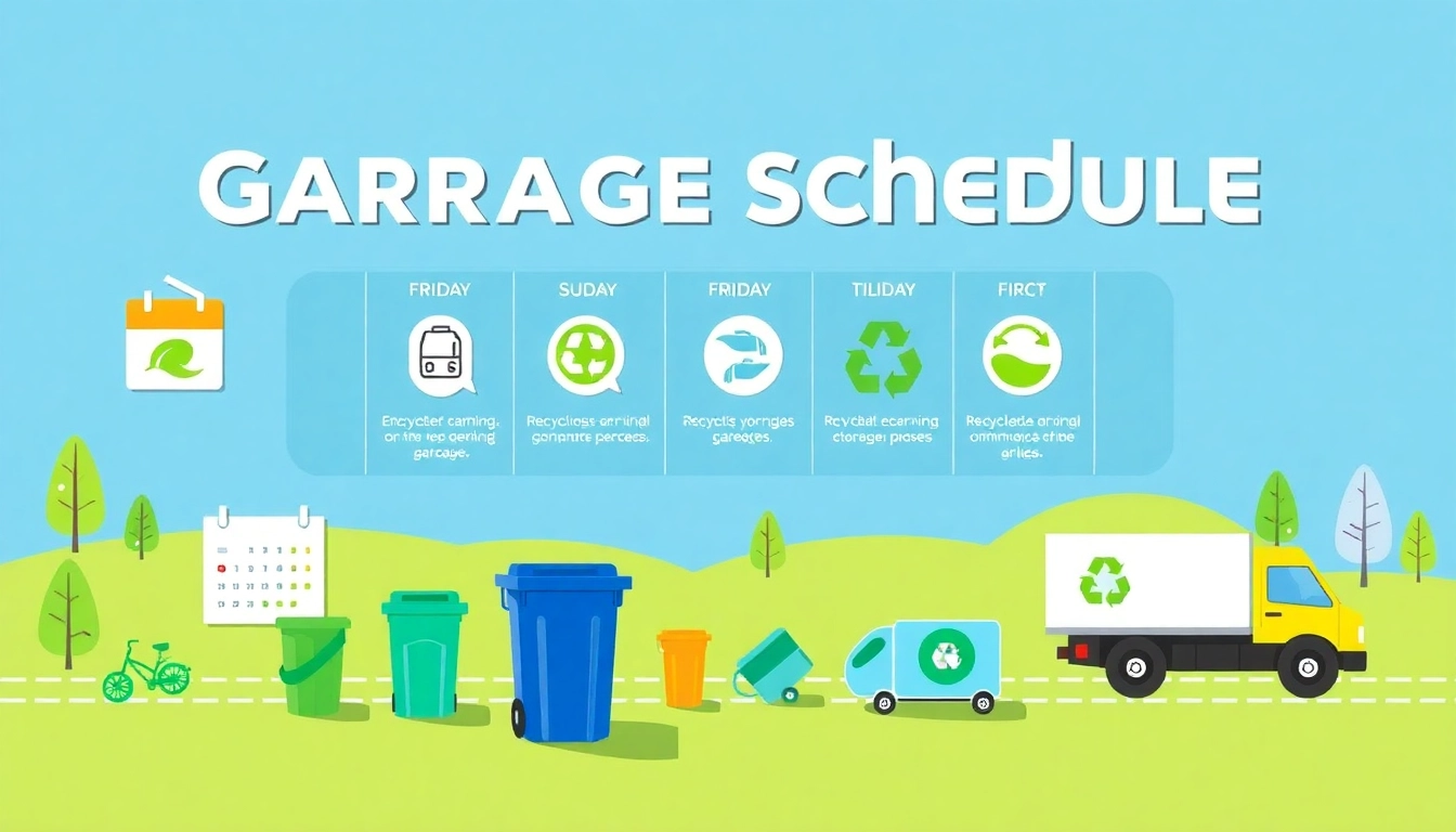 Illustration showing the cold lake garbage schedule with recycling bins and collection trucks.