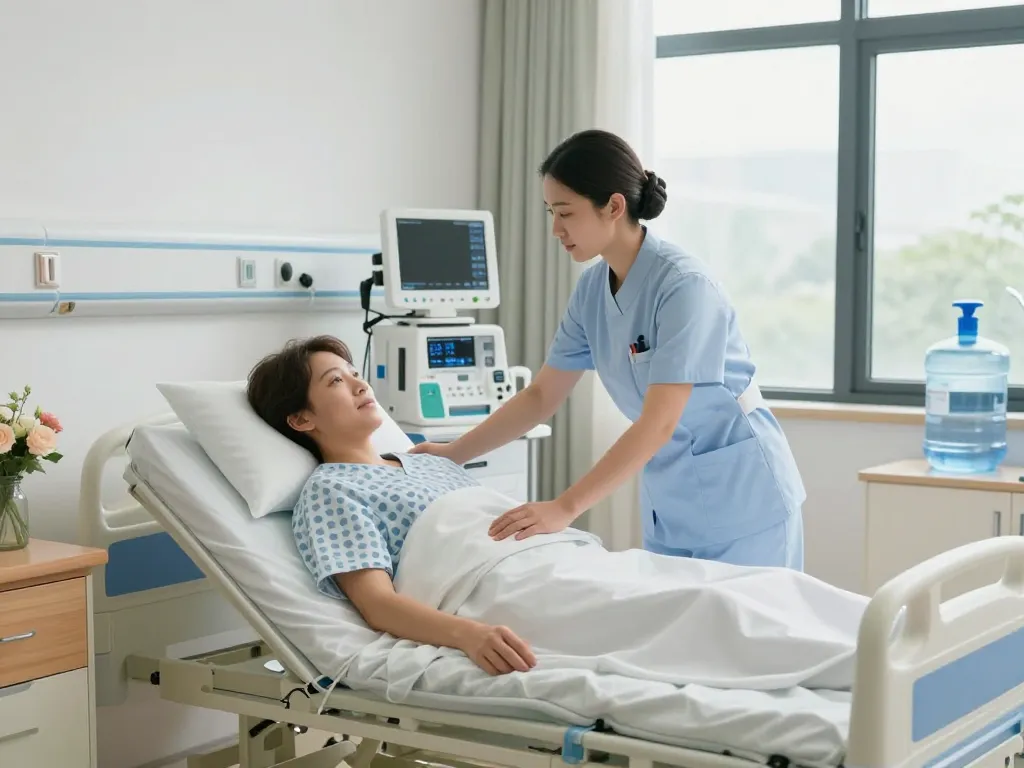 giường bệnh nhân in a tranquil hospital room with a nurse adjusting the bed for patient comfort