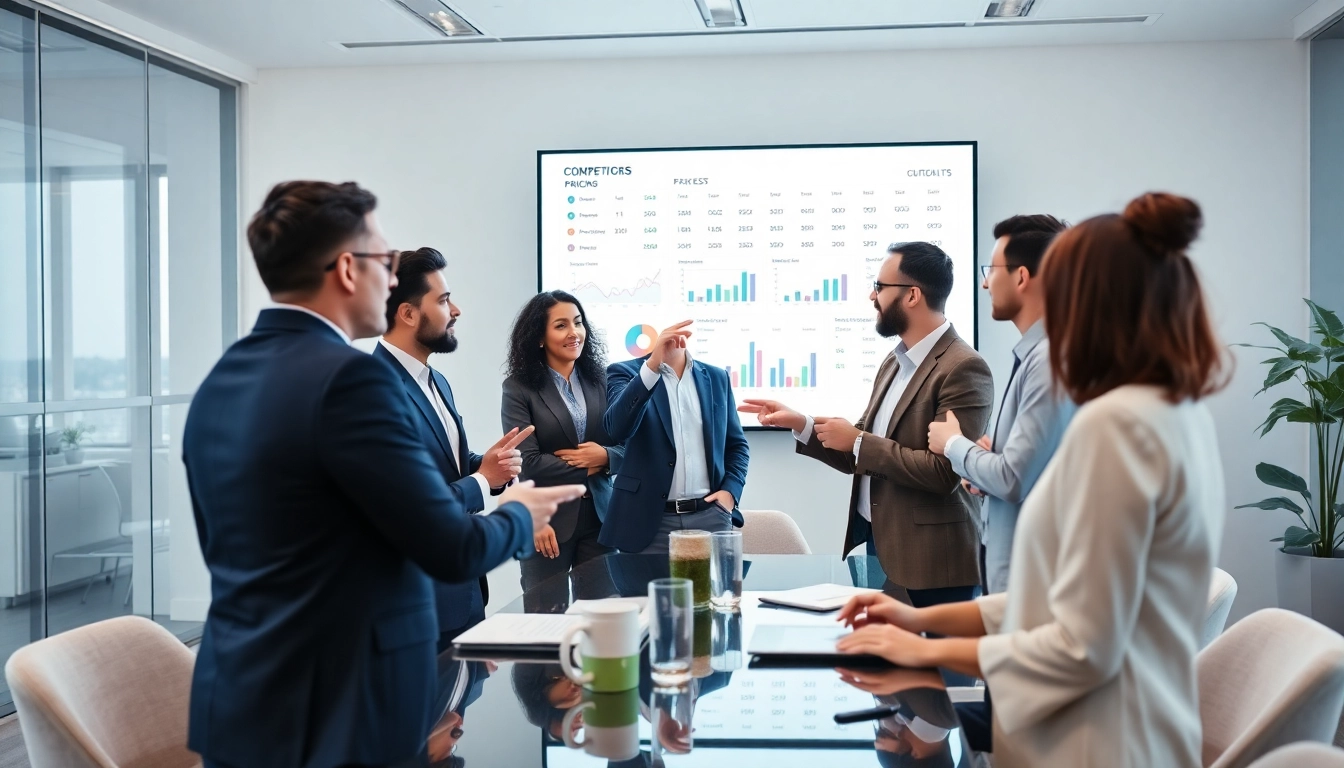 Analyze competitor pricing with teams discussing strategies in a modern office.
