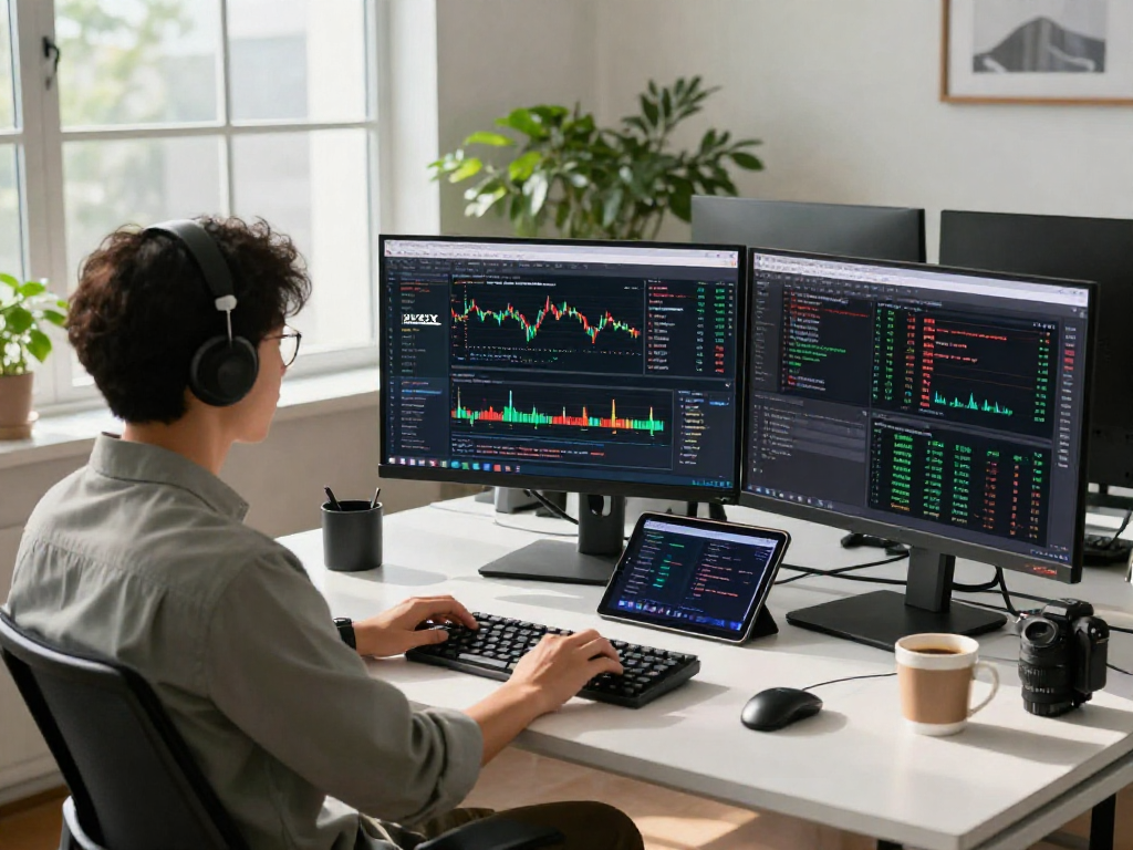 Developer analyzing HKEX stock data feed in a modern trading workspace with multiple monitors and professional atmosphere.