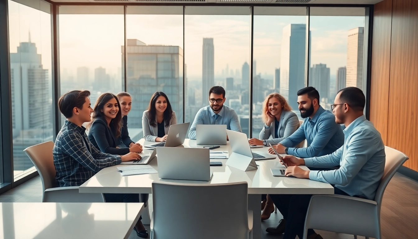 Engaged business professionals discussing ideas on WhatsApp Business CRM in a modern office.