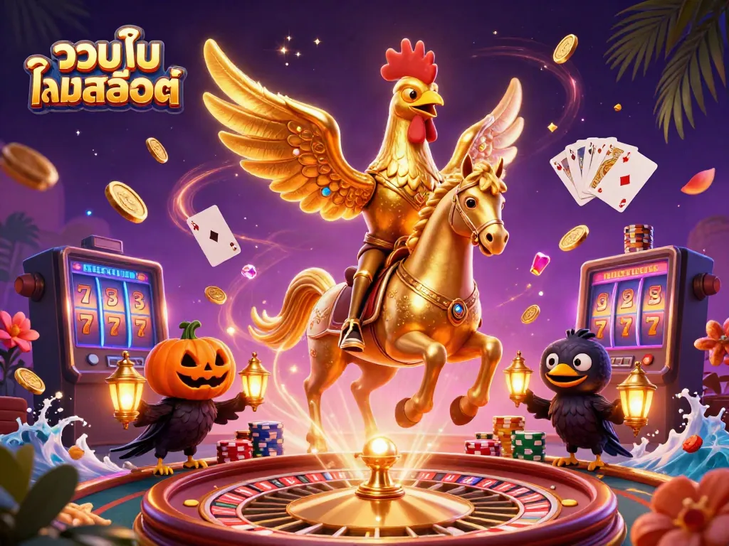 Spin the reels with รวมเกมสล็อต in a vibrant 3D casino scene featuring golden characters and dynamic gaming elements.