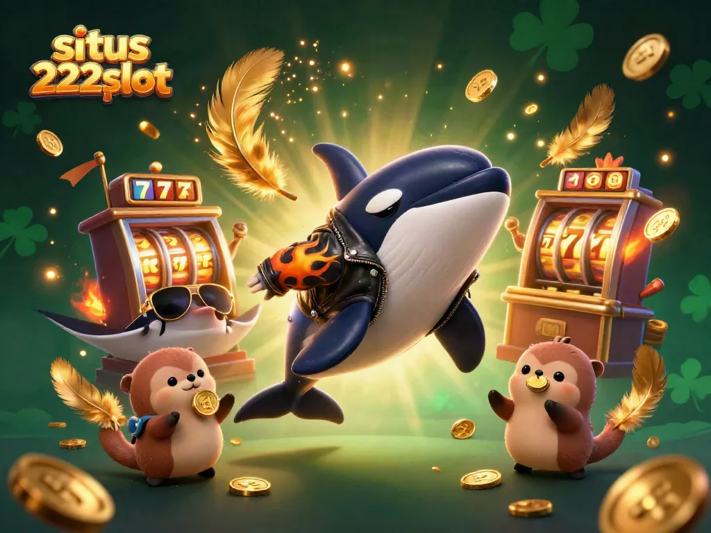 Permainan menarik situs 222slot dengan ikan orca, ikan pari, dan berang-berang terapung membawa koin emas.