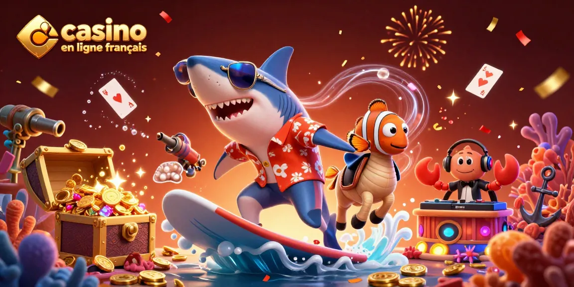 Jouez dans un casino en ligne français avec un poisson clown stylé et un requin surfant sur des pièces d'or.