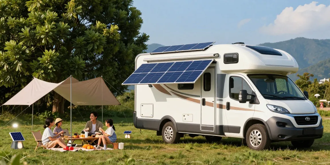 Family enjoying a picnic beside an RV equipped with flexible solar panels, showcasing outdoor versatility.