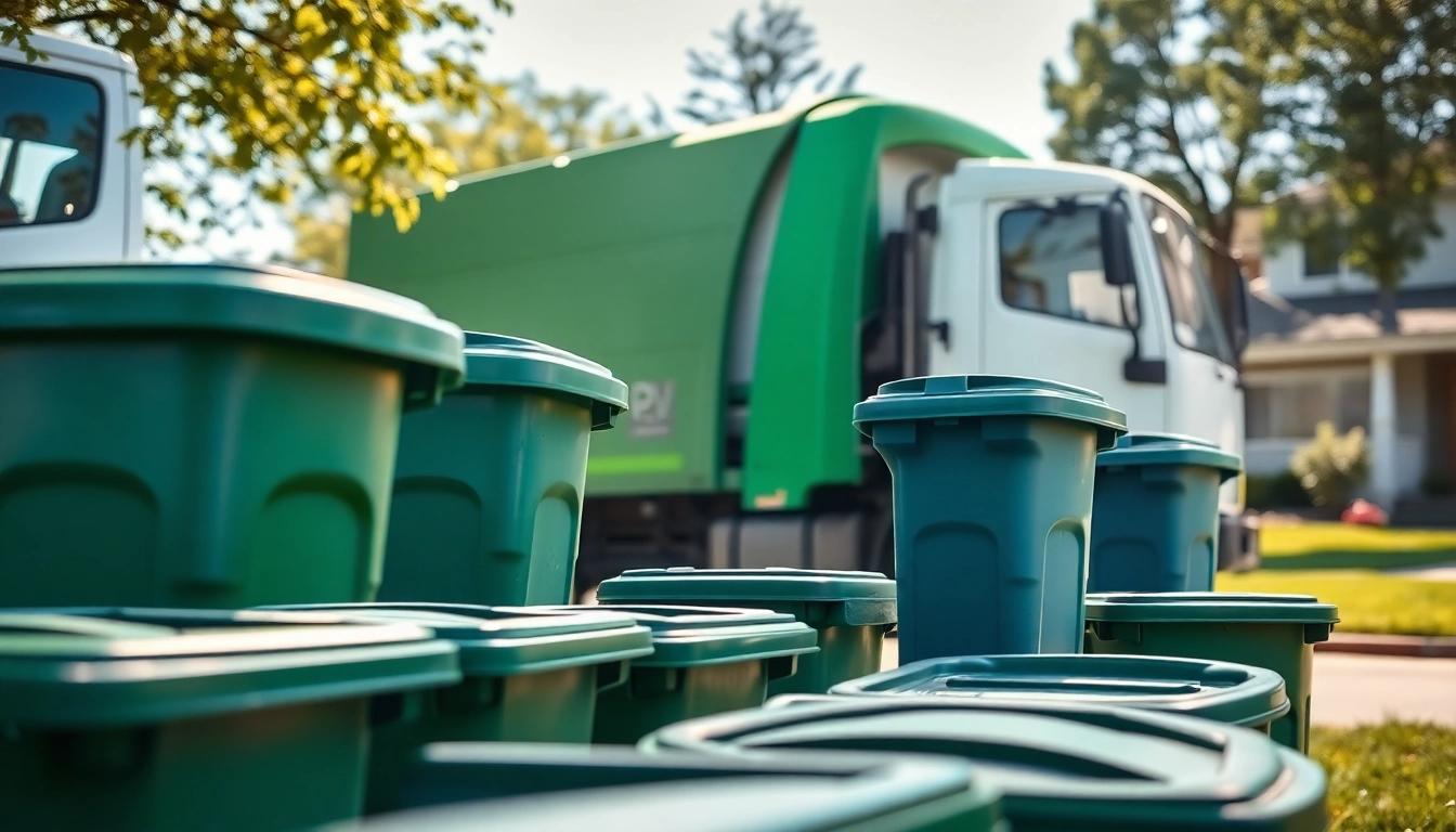 Highlighting the cold lake garbage schedule with a garbage truck collecting waste in a suburban setting.