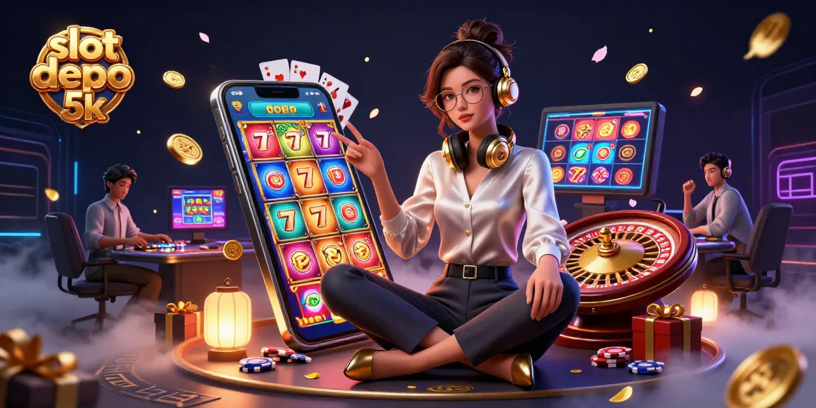 Spin and win with slot depo 5k as colorful reels and coins erupt in a dynamic casino scene.
