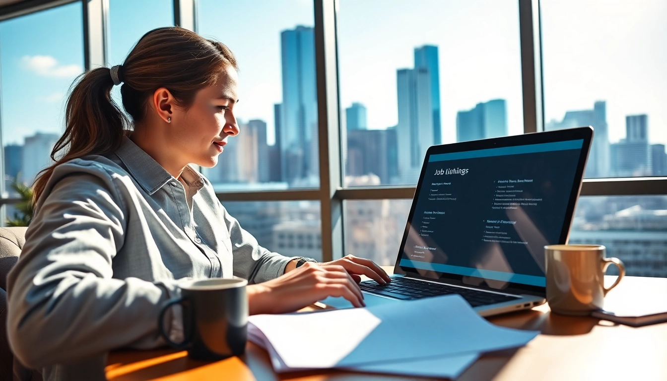 Search for a job in chicago while reviewing offers in a modern workspace setting.