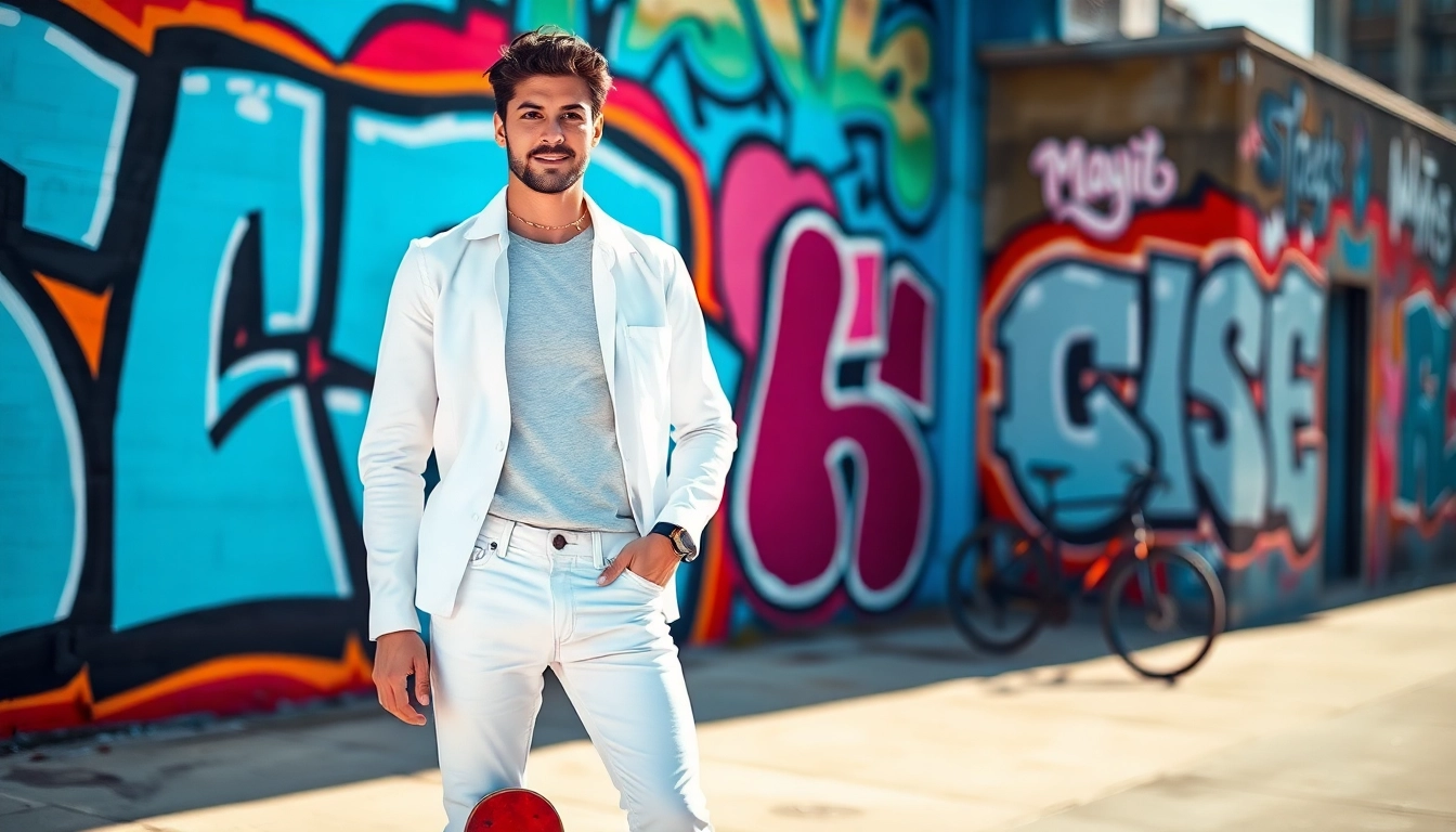 Model confidently showcasing white jeans men against a vibrant urban backdrop.