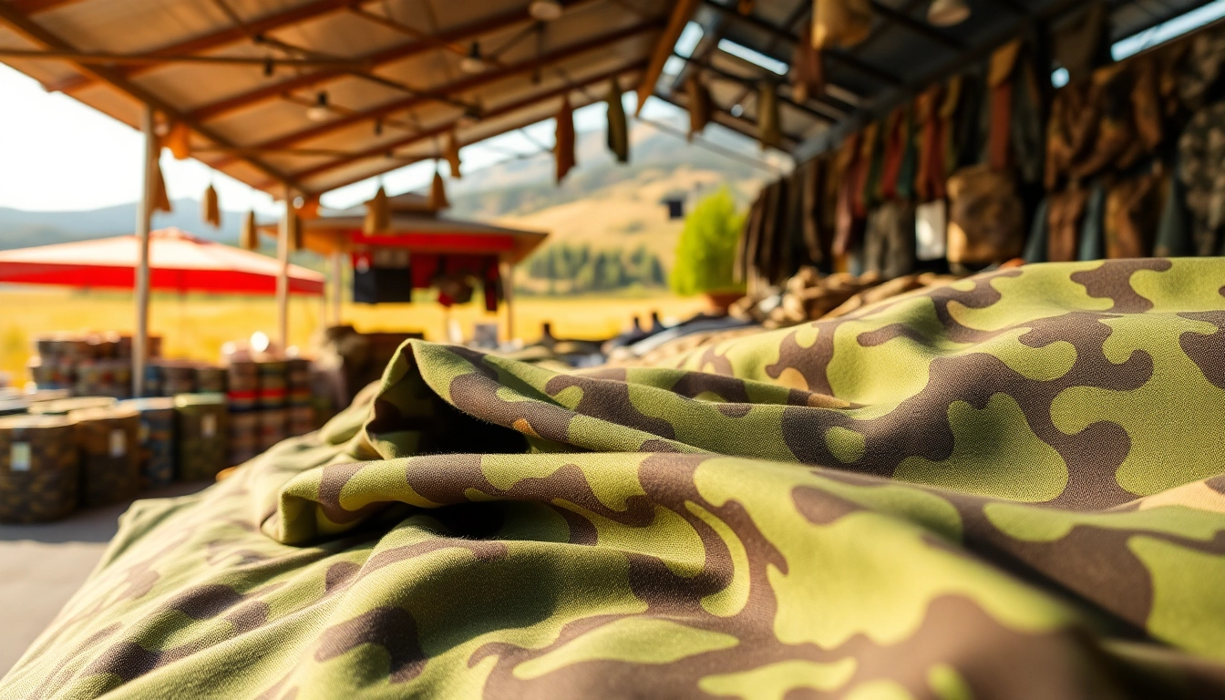 Bekijk een assortiment camouflage stoffen met verschillende patronen in een levendige omgeving.