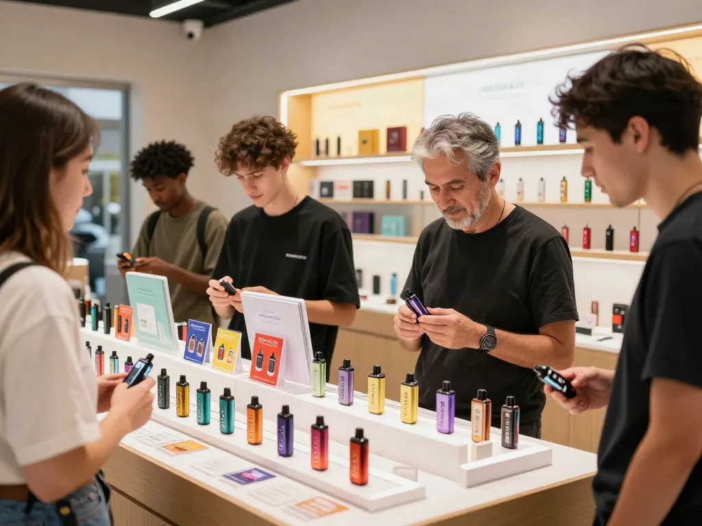 Shop for Flum disposable vapes showcasing vibrant flavors in a modern retail space.