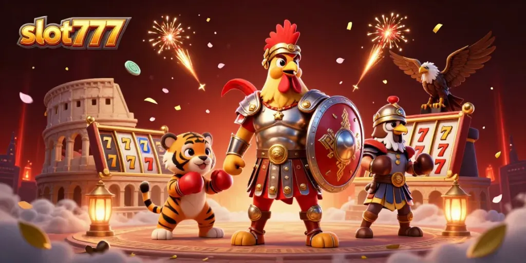 Permainan slot777 dengan simbol keberuntungan dan elemen kasino yang menarik, promosikan keseruan bermain.