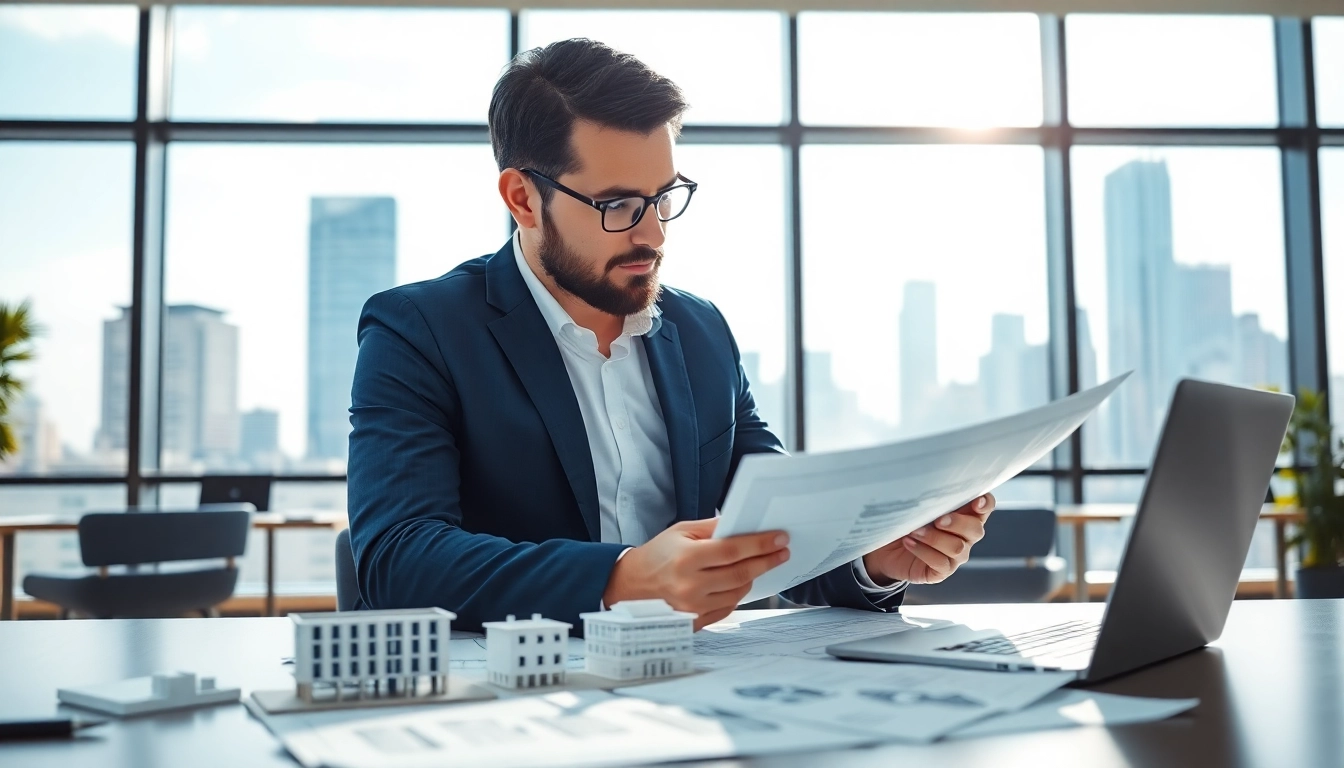 Real Estate Developer analyzing architectural plans in a bright office setting.