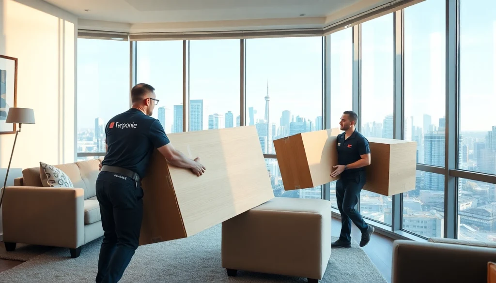 Best Toronto Movers efficiently relocating furniture while showcasing professionalism and teamwork in a modern setting.