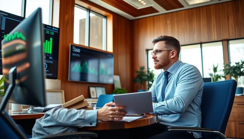 Expert facilitating investment management San Antonio advice to a client in a modern office setting.