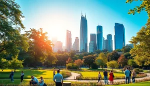 Showcasing Technology in harmonious balance with nature in a vibrant park and futuristic skyline.