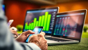 Hands engaging with sports betting sites India on mobile and laptop devices, highlighting a tech-savvy environment.