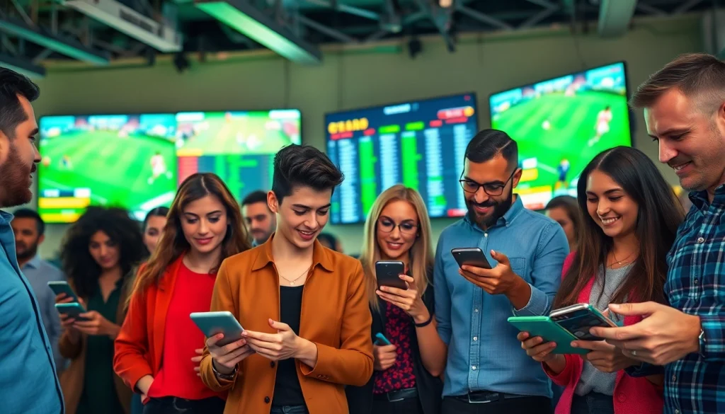 Engaged bettors analyzing strategies at the best sportsbooks Brazil in a lively setting.