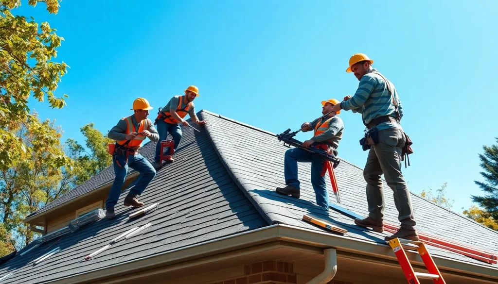 Engaged work team delivering Professional roofing services on a sunny residential roof.
