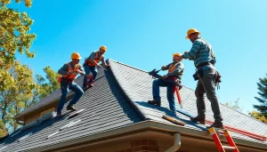 Engaged work team delivering Professional roofing services on a sunny residential roof.