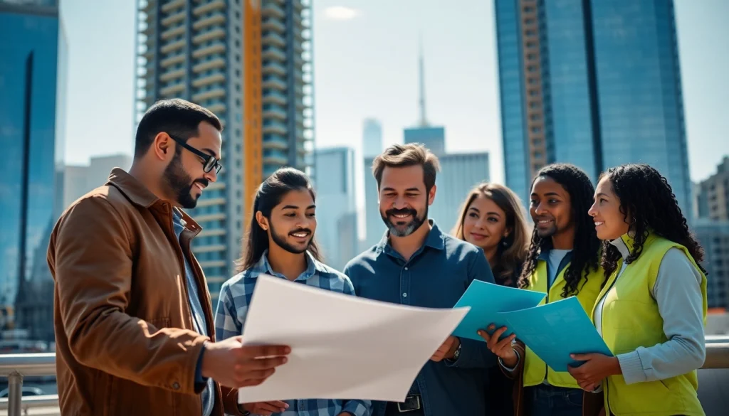 Manhattan Construction Manager engages with project team members in urban building site.