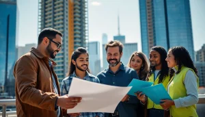 Manhattan Construction Manager engages with project team members in urban building site.