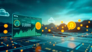 The best cloud mining service showcased through a modern digital interface with Bitcoin icons and ambient lighting.