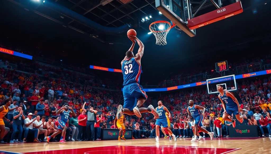 nba중계를 위한 열정적인 농구 경기 중의 역동적인 덩크 장면.