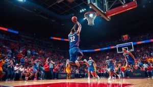 nba중계를 위한 열정적인 농구 경기 중의 역동적인 덩크 장면.