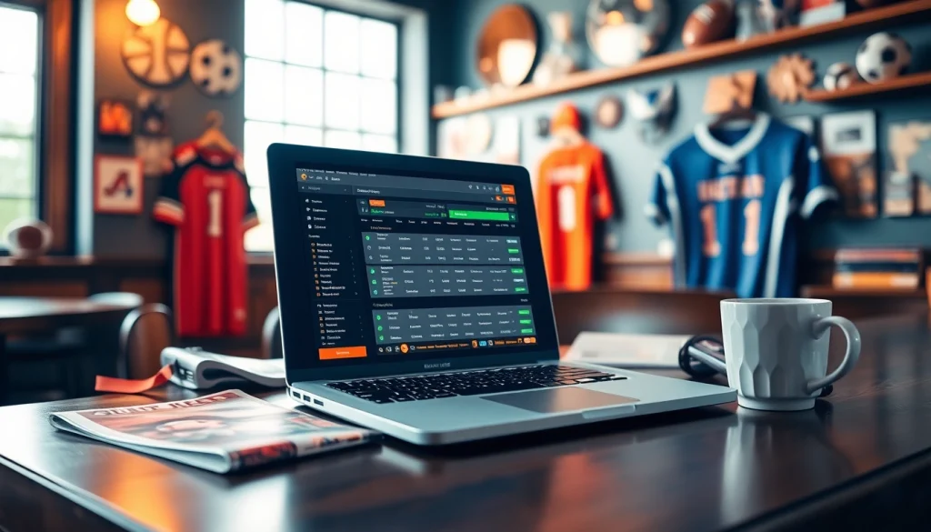 Engaging view of sports betting Mexico with a laptop displaying betting options amidst sports memorabilia.