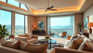 Accommodation in a luxurious living space with a scenic view and inviting atmosphere.