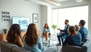 Engaging real estate discussion between an agent and clients in a modern office setting.