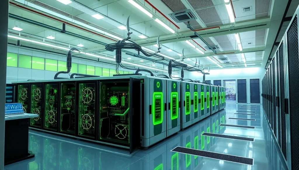 Visual representation of dogecoin cloud mining earnings through AI-driven renewable energy facilities.