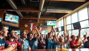 Explore the vibrant atmosphere of online sports betting Canada in a lively sports bar setting.