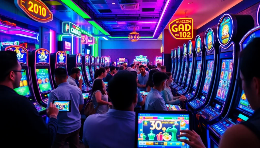 Experience the excitement of hoki138 pro in a modern gaming room with vibrant slot machines and engaged players.