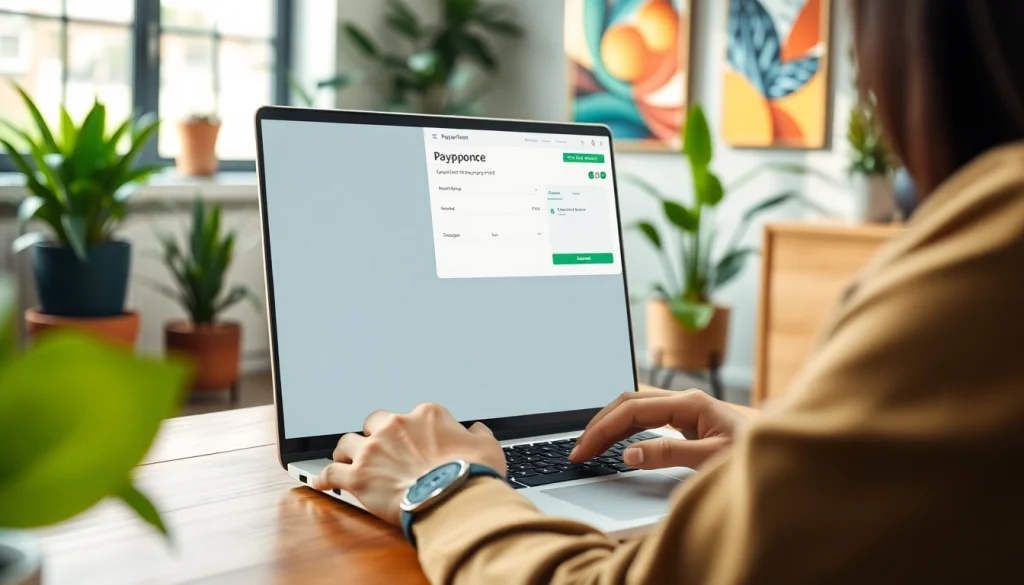 Creating a pay link for a file using a laptop in a professional office setting.