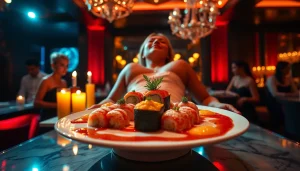 Body sushi experience at Club Noir featuring exquisite sushi on a model's body, highlighting luxury nightlife.