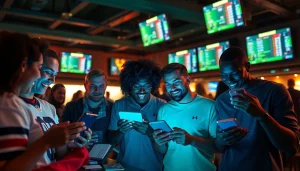 Engage in online sports betting Texas with friends, surrounded by sports paraphernalia and live game screens.