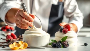 Mousseline creation by a chef in a bright kitchen with fresh ingredients around