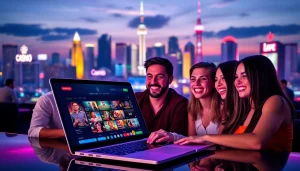Engaging friends enjoying Canada online casinos in a vibrant city setting with digital gaming.