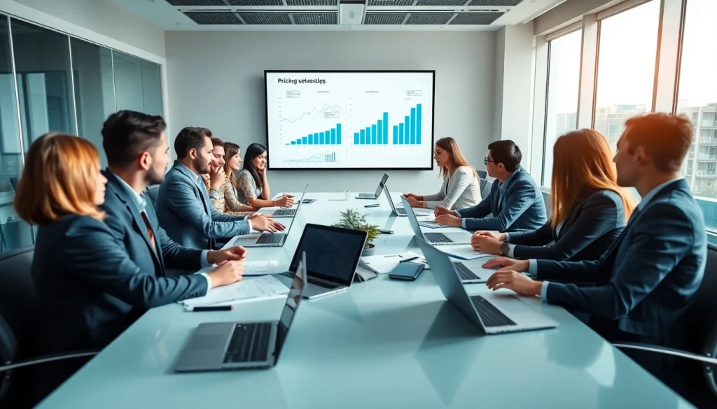 Discussing competitor pricing strategies in a modern conference room.