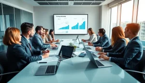 Discussing competitor pricing strategies in a modern conference room.