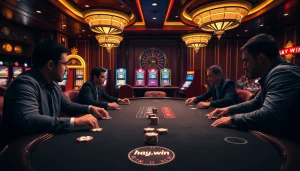 Players competing in a high-stakes poker game at hay.win, showcasing excitement and strategy.
